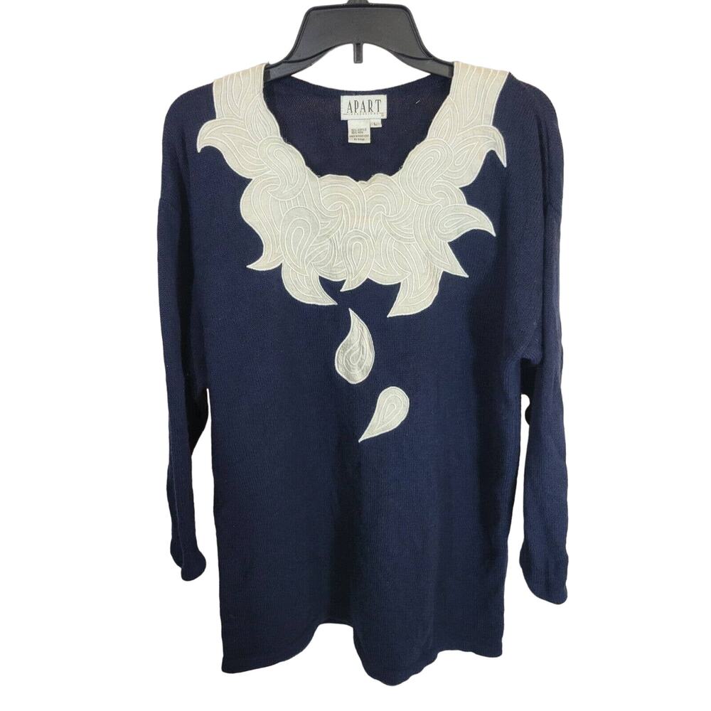 Vtg Apart Impressions Navy Blue Wool Blend Appliqué Pullover Sweater SZ Large